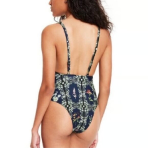 Agua Bendita x Target Floral Tile Cheeky One Piece Swinsuit 1X Bathing Suit Navy - Picture 4 of 13